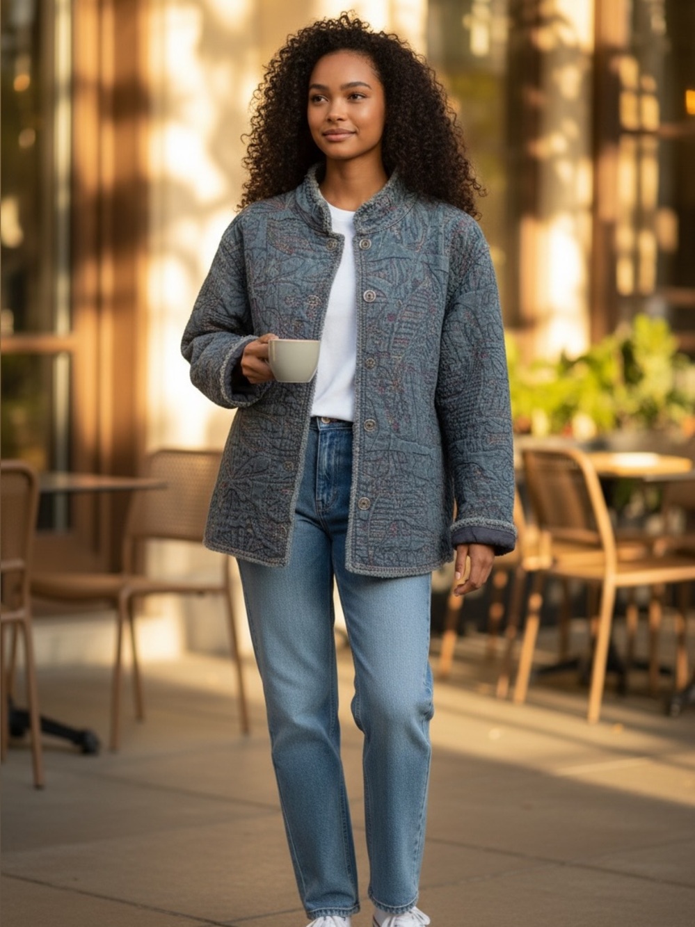 Chico's Quilted Embroidered Blue Jean Jacket with Stand Collar